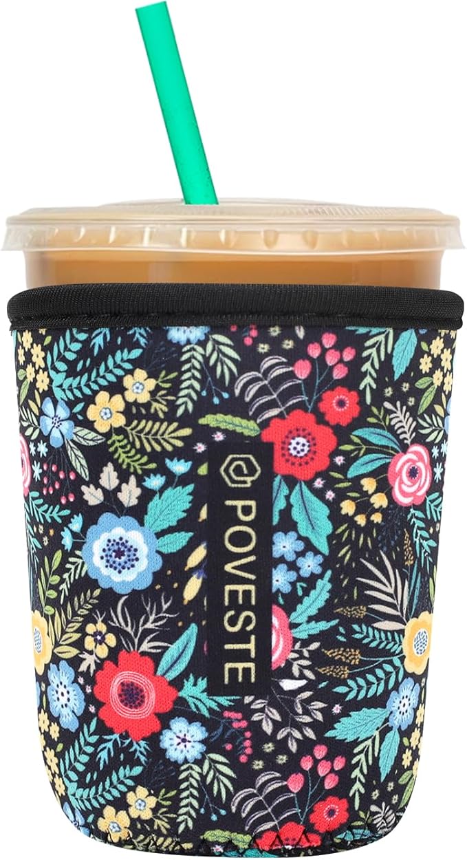Reusable Neoprene Insulator Sleeve for Iced Coffee & Cold Soda, Coffee Sleeves for Iced & Hot Drinks, Cold Beverage Cooler Compatible with Starbucks, Dunkin (Garden Alike, Small: 16-18oz)