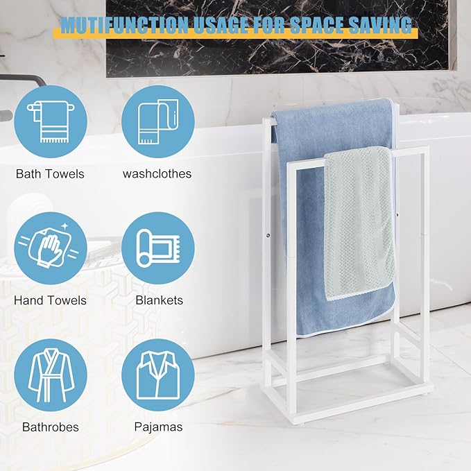Towel Rack, 2 Tier Stainless Steel Towel Racks Stand for Bathroom, Hand Towel Drying Rack Holder, Towel Bar Stand Blanket Rack, White