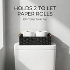 Back of Toilet Basket with Wood Handles, Black Wicker Toilet Paper Basket for Toilet Tank Top, Narrow Toilet Tank Basket, Bathroom Basket Organizer for Wipes & Essentials
