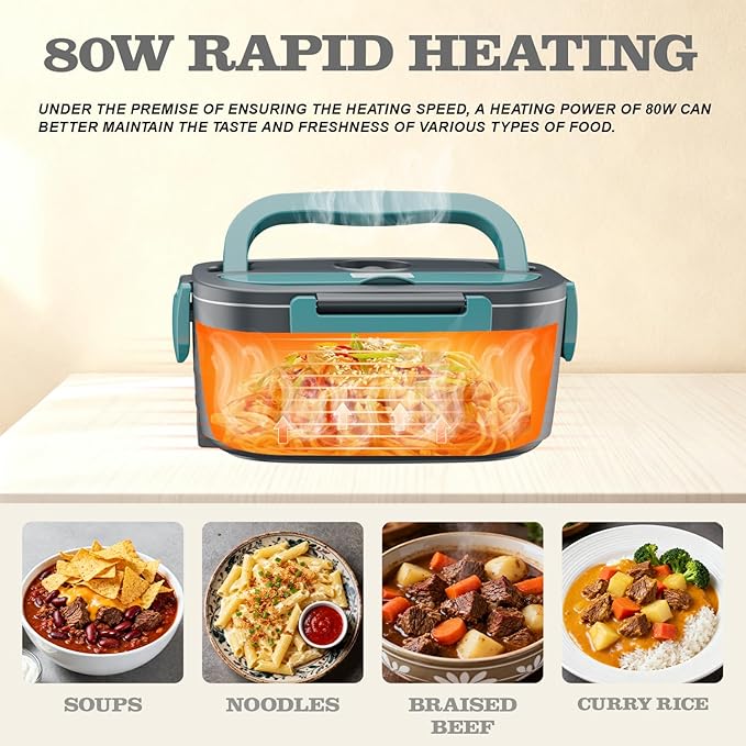 Buddew Electric Heated Lunch Box, 80W Fast Heating, 1.5L Food-Grade 304 Stainless Steel, 12V/24V/110V Portable Food Warmer for Car Truck Office Adults, Lonchera Electrica Portatil (Green)