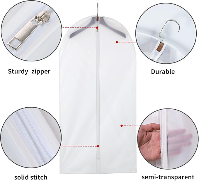 12 Pack Long Garment Bags (24x60") - Dustproof Gown Covers - Durable PEVA Hanging Bags with Sturdy Zipper for Maxi Dresses, Long Coats & Dance Costumes (Translucent)