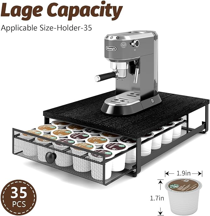 Coffee Pod Holder Counter Coffee Vertuo Capsules Storage Organizer with Sliding Drawer Compatible For 35 K-Cup Pods No Assembly Needed Black