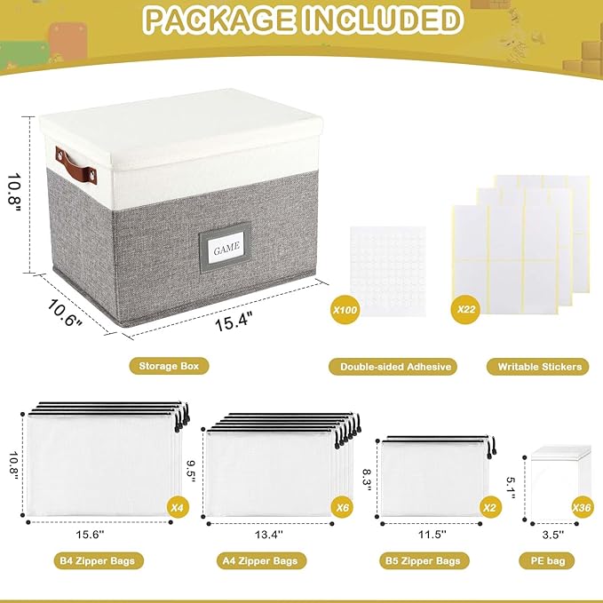 Board Game Organizer with 12pcs Zipper Bags and Writable Stickers, Storage with Lid for Office Supplies, Puzzles, Video Game, Craft Products
