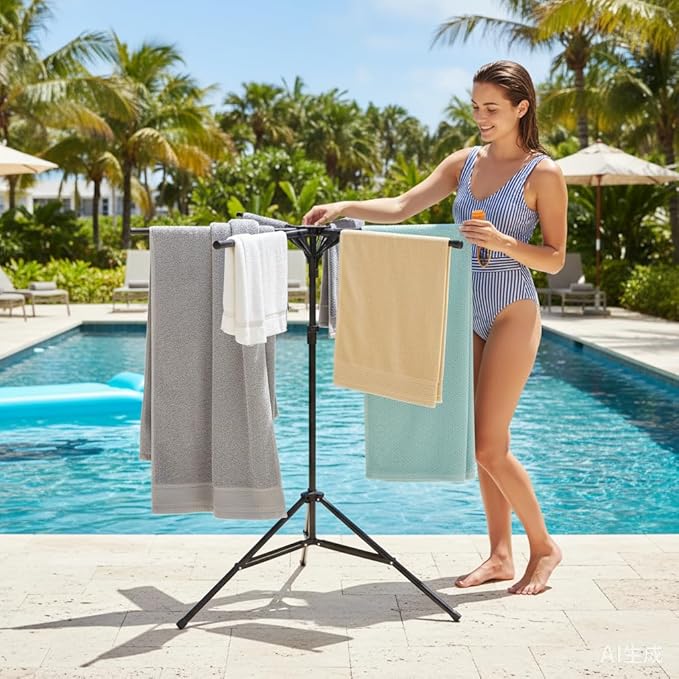 CozyNova Pool Towel Rack Outdoor – Adjustable 51-71 Inch Freestanding Pool Float Storage Rack with 6 Foldable Arms, for Towels & Swim Gear