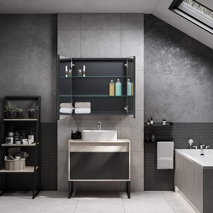 Fundin Black Aluminum Medicine Cabinet 24 x 24 Inch Recessed or Surface Mount, with Double Door and Adjustable Shelves.