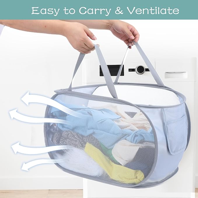 4 Pcs Popup Mesh Laundry Basket, Collapsible Laundry Hamper with Side Pocket Foldable Storage Basket with Durable Handles for Bathroom Travel Dorm Toy