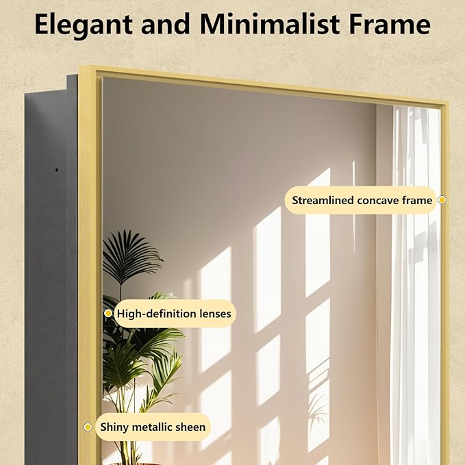 Bathroom Medicine Cabinet with Mirror, Recess or Surface Mount, Single Door Cabinet Famerhouse Bathroom Mirror with Storage Cabinet (Brush Gold, 16"x26")