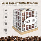 Coffee Pod Holder for K Cup, Large Capacity Coffee Pod Organizer, Versatile Coffee Capsule Storage Basket with Wooden Base, White KH10WN