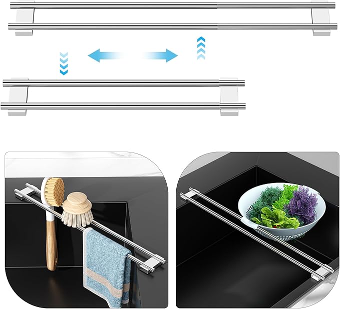 Dish Cloth Holder for Kitchen Sink, Adjustable Over-The-Sink Dish Rag Rack, Metal Kitchen Racks Sink Brush Holder, Drying Rack for Dishcloths, Sponges, Brushes, and Bottles (1, Sliver)