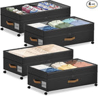 4 Pack Under Bed Storage with Wheels, Adjustable Height Storage Containers, 10 inches Large Capacity Rolling Underbed with Lids, Storage Drawers Shoes, Clothes, Blankets, Black