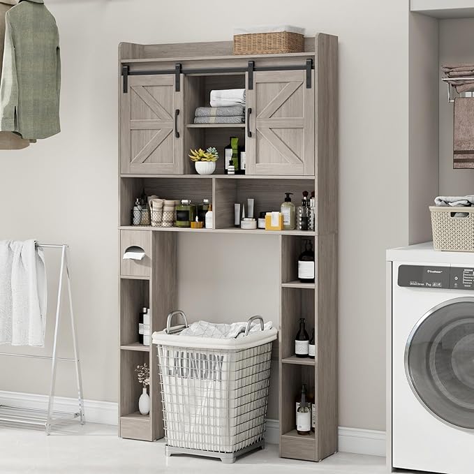 Vabches Farmhouse Storage Cabinet Over Toilet with Sliding Doors, Home Space-Saving Toilet Rack, Over The Toilet Storage Cabinet, Open Storage Shelf, for Bathroom, Laundry, Restroom.Wash Grey