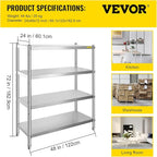 VEVOR Stainless Steel Shelving 46.8x18.5 Inch 4 Tier Adjustable Shelf Storage Unit Stainless Steel Heavy Duty Shelving for Kitchen Commercial Office Garage Storage 330lb Per Shelf