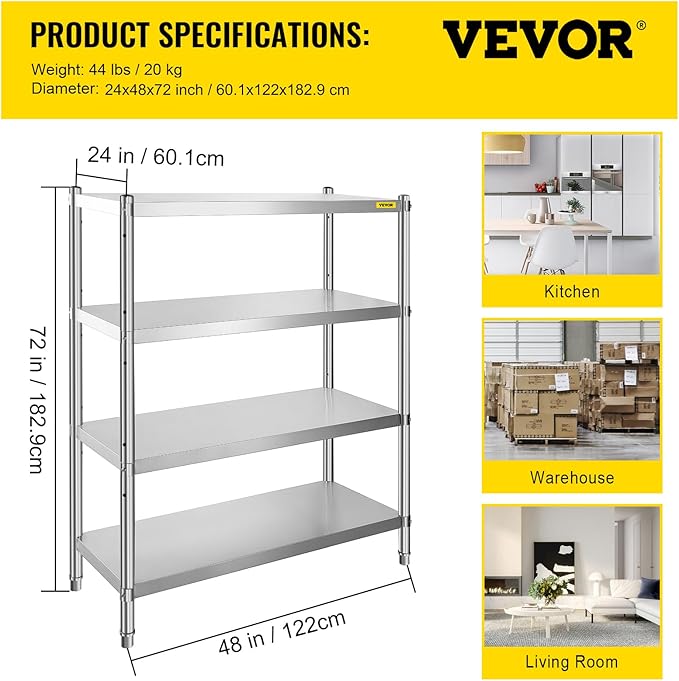 VEVOR Stainless Steel Shelving 46.8x18.5 Inch 4 Tier Adjustable Shelf Storage Unit Stainless Steel Heavy Duty Shelving for Kitchen Commercial Office Garage Storage 330lb Per Shelf