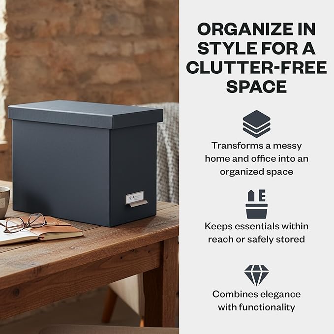 Bigso John Fiberboard Label Frame Desktop File Storage Box - Document Organizer for Important Paperwork - Durable Hanging File Box with a Lid & Metal Label Window - 7.36 x 13.38 x 10.51 in - Dark Grey