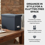 Bigso John Fiberboard Label Frame Desktop File Storage Box - Document Organizer for Important Paperwork - Durable Hanging File Box with a Lid & Metal Label Window - 7.36 x 13.38 x 10.51 in - Dark Grey
