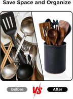 LoeJan Utensil Holder, Extra Large Utensil Crock, Stable Ceramic Utensil Organizer, Cooking Tool Organizer Set for Kitchen Counter Farmhouse Décor, Textured Black