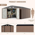 Greesum 10×14 FT Outdoor Storage Shed, Metal Storaged Sheds Without Floor, Tool Sheds with Lockable Doors and Sloping Roof for Garden, Patio, Brown