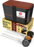 Umami Premium Lunch Box Containers w/ 4 Utensils, 2 Sauce Jars, Nestable Space-Saving Bento Box Adult, 100% Leakproof, Microwavable Lunch Containers for Adults, Sapele Black, 50 oz