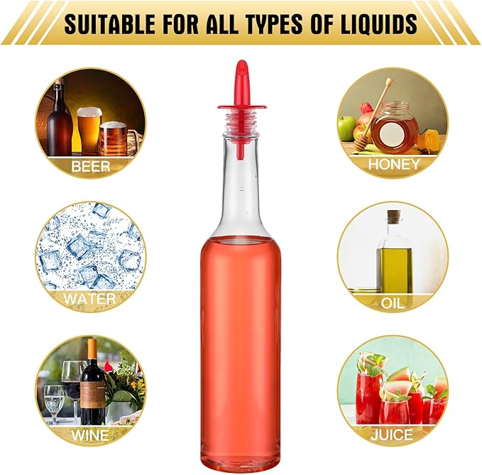 Tioncy 4 Sets 15oz Plastic Liquor Bottles with Pourers Sets 4 Plastic Long Neck Syrup Bottles with Pourer and Caps Reusable Leakproof for Home Party Bar(Red, yellow, blue, green)
