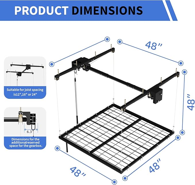Heavy-Duty Overhead Garage Lifting Storage Rack, 4x4 ft Carbon Steel Ceiling Storage Rack with Manual Crank, Adjustable Organization System, Supports 350Lbs for Garages Workshops