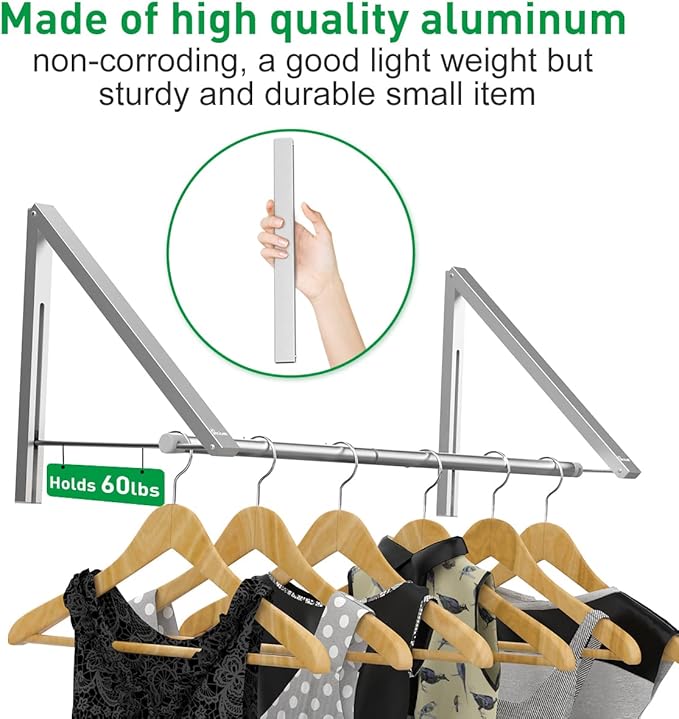 Laundry Room Drying Rack Wall Mounted Clothes Hanger Folding Wall Coat Racks Aluminum Home Storage Organiser Space Savers Silver 2 Rakcs with Rod