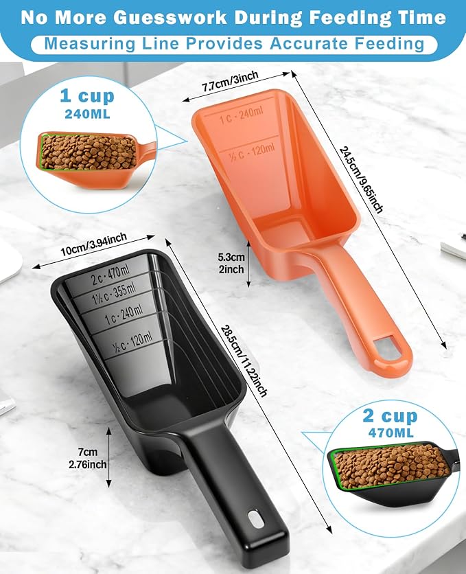 2-Pack Dog Food Scoop Set,1 Cup and 2 Cup Plastic Pet Food Measuring Scoops with Clear Measurement Lines,Multi-Purpose Pet Food Scooper for Dogs, Cats (Orange and Black)