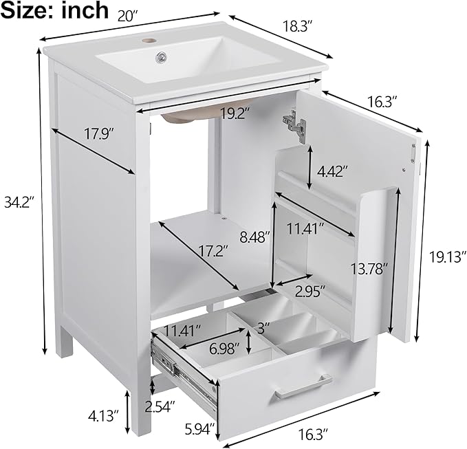 20" Small Bathroom Vanity with Sink, Soft-Close Drawer and Door, Wood Modern Single Bathroom Sink Cabinet with Doors and Shelves, Adjustable Foot Pads, for Small Space (White)