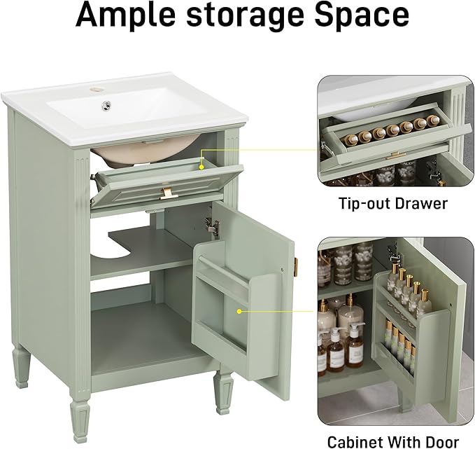 20 in Small Bathroom Vanity with Sink,Soft Closing Door,Tilt-Out Drawer and Adjustable Shelf,Solid Wood Frame Modern Single Bathroom Sink Cabinet,Freestanding (Green)