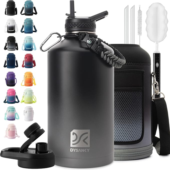 1 Gallon Water Bottle Insulated | Thickened Stainless Steel Vacuum Metal Water Jug | Portable Sports Large for Gym and Hiking with Straw, Carrier Bag, Handle Strap | BPA-Free 128 oz