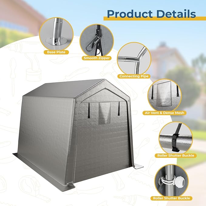 7 x 10 FT Carport, Portable Shed w/220G Heavy Duty Waterproof PE Tarp, Roll-up Zipper Door & Vent, Weather-Resistant Storage Shed for Motorcycle, Bike and Tools, Gray