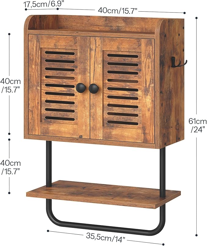 HOOBRO Bathroom Wall Cabinet, Double Doors Medicine Cabinet with Towel Bar, Adjustable Shelf, 2 Hooks, Over The Toilet Storage Cabinet, for Bedroom, Kitchen, Rustic Brown BF46CW01