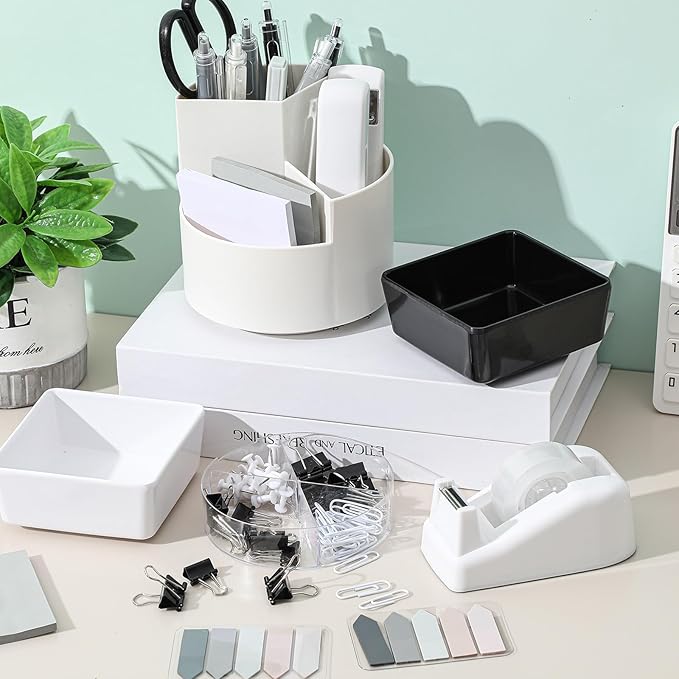 Kosiz 27 Pcs Black White Desk Accessories Gift for Aesthetic Desk Organizer Neutral Office Supplies Pen Holder Stapler Binder Sticky Notes Paper Clips Scissor Staples for Women(Classics)