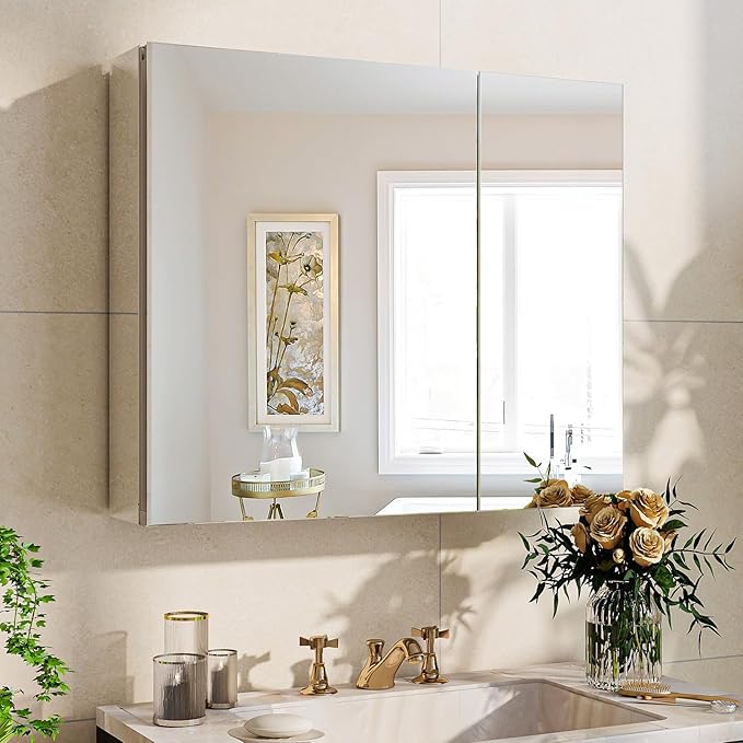 BEAUTYPEAK Bathroom Medicine Cabinet Mirror with Storage, 30 Inch x 26 Inch Silver Medicine Cabinet with Double Door & Adjustable Shelves for Vanity, Tempered, Aluminum Surface, Wall-mount or Recessed
