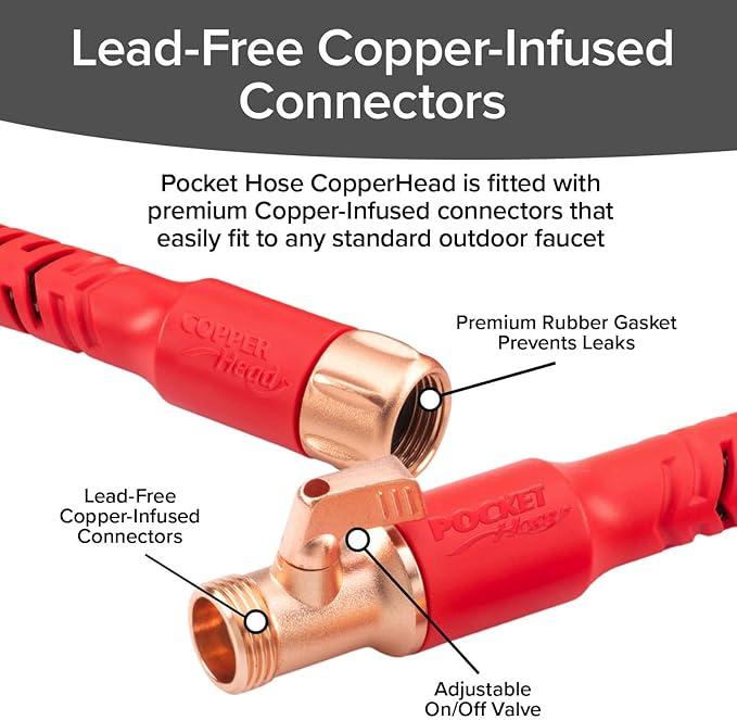 Pocket Hose 25 FT Copper Head Expandable Garden Hose with Pocket Pivot, No Tangles, AS SEEN ON TV, 360° Swivel, Tri-Tex Tubing, Force Field Jacket, Lead-Free, No-Kink, Anti-Burst w/APT