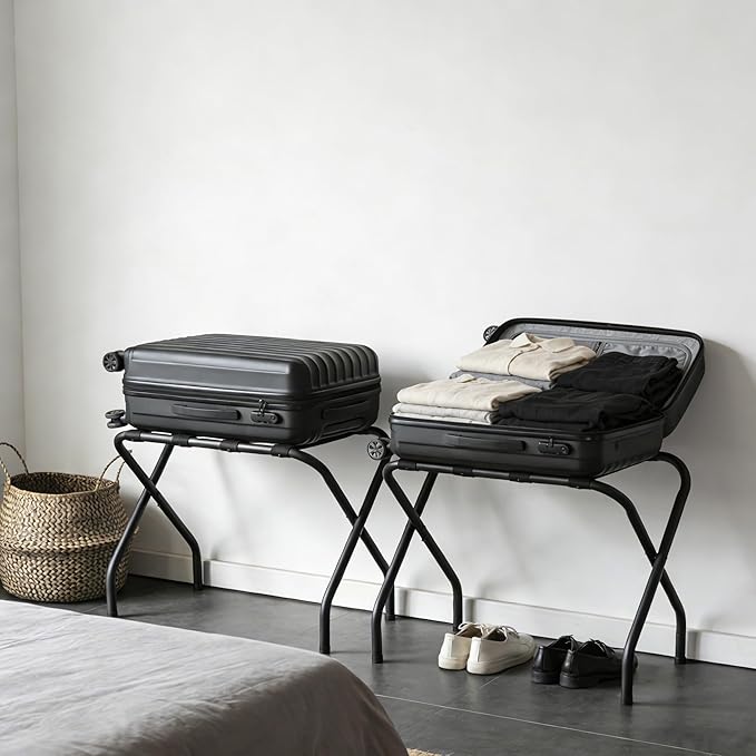 Folding Luggage Rack with Nylon Straps, Portable Suitcase Stand for Guest Room, Hotel, Bedroom, Camping, Travel Suitcase Holder, Black Metal Frame, 27.5 x 14.2 x 20.7 Inches