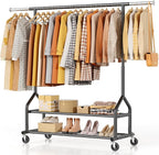 EAGMAK Heavy Duty Clothes Rack Load 556 LBS, Rolling Clothing Rack With Shelves, Height Adjustable Metal Clothes Hanger with Wheels Portable Wardrobe Organizer Garment Rod for Hanging Clothes (Black)