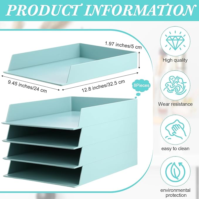 Tatuo 8 Pack Stackable Paper Trays Plastic Letter Tray Desk Organizer Paper Holder Organizer Storage Office Desk Accessories for Classroom Magazine File Documents 12.8 x 9.45 x 1.97, Blue Green