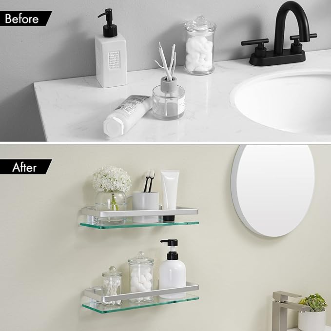 KES Glass Shelves for Bathroom, Floating Tempered Glass Shelves 14 Inch Aluminum Extra Thick 2 Pack Rectangular Storage Organizer Wall Mount Silver, A4126A-P2