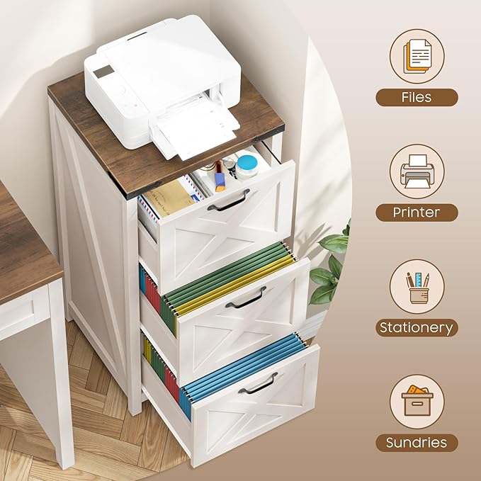 3 Drawer Tall File Cabinet, Farmhouse Vertical Filing Cabinet Fits Letter/A4 Size, Wood File Cabinets Printer Stand for Home Office, Living Room, Rustic White