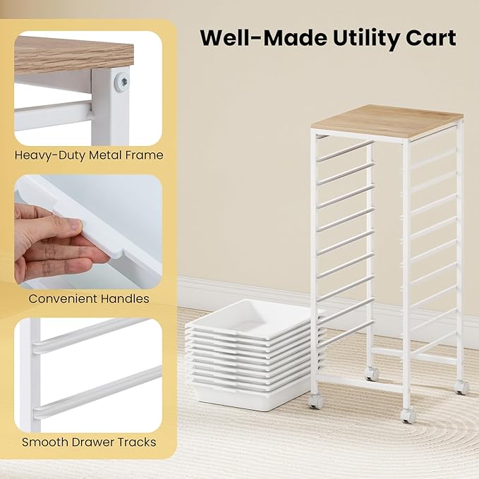 GOFLAME 10-Drawer Rolling Storage Cart, Craft Storage Cart with Wooden Tabletop and Lockable Wheels, Art Cart Supply Storage Organizer with Metal Frame for Home Office Classroom, White