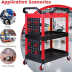 MaxWorks 50886 3 Shelf Rolling Utility Service Cart with Storage Carts and Bottle Holders with Side Hanging Hook 440-lb Capacity