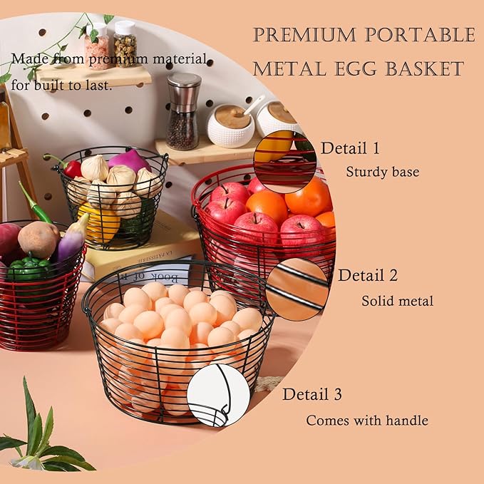 Colorful Metal Mesh Wire Egg Collecting Basket with Handle Portable Garden Vegetable Fruit Storage Lightweight Hanging Collector for Farmhouse Gathering Kitchen Picnic (Black, Normal - 8")