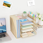 Desk Organizer, 5-Tier Paper Letter Tray Organizer with File Holder, Drawer and Pen Holder, Desktop Organizer for Office Supplies, Gold
