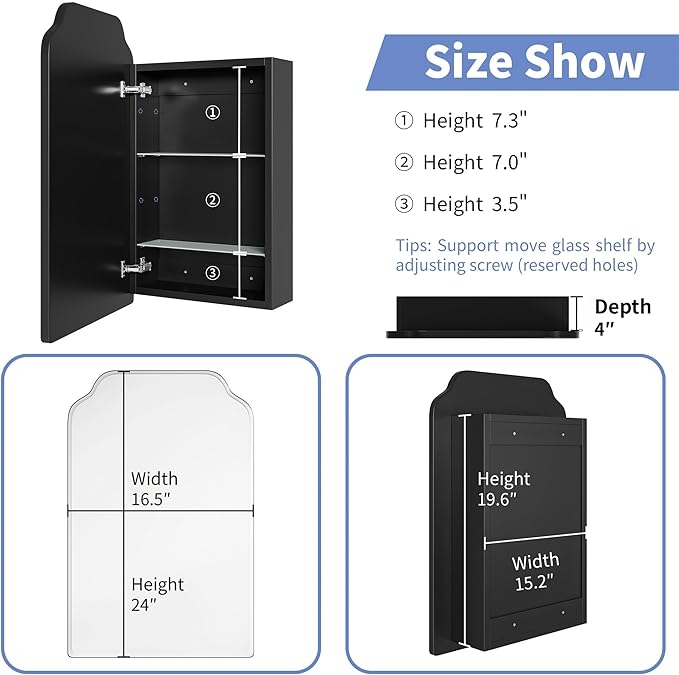 Victorian-Style Recessed Bathroom Medicine Cabinet, Wood Wall Cabinet with 16.5"x24" Curved Mirror, Bathroom Storage Cabinet, Black, Left-Swing Door