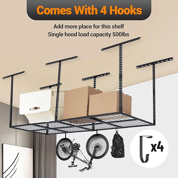 GarveeHome 3x8 ft Garage Ceiling Storage Racks, Overhead Garage Storage Rack Organization, Adjustable Ceiling Mounted Storage Racks, 600LBS Weight Capacity, Metal Garage Storage Organization Systerm