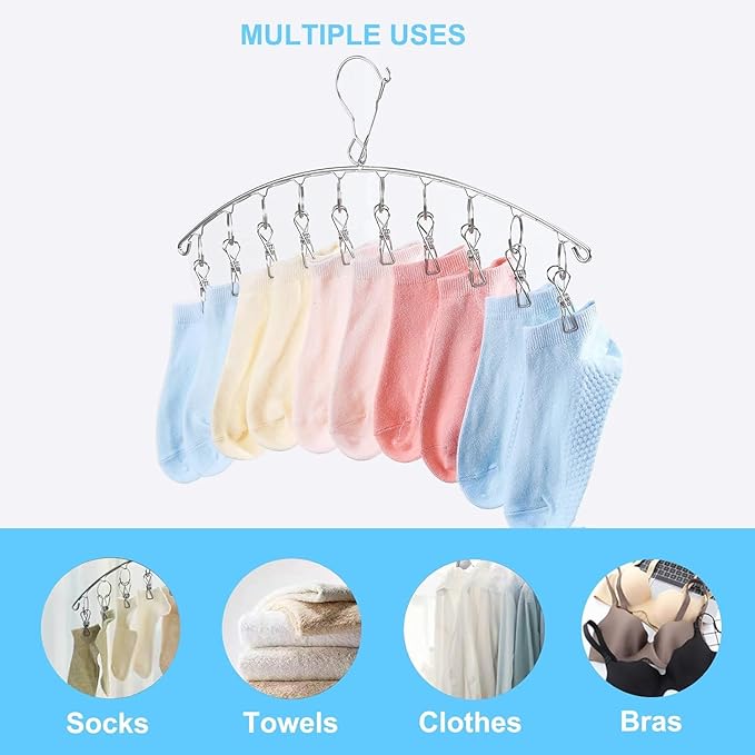Clothes Drying Rack with 10 Clips, 2 Pack Laundry Drying Rack with Clothes-pegs, Stainless Steel Underwear Hangers for Drying Socks, Bras, Towel, Baby Clothes Hanger Windproof Hanging Clothes Pins