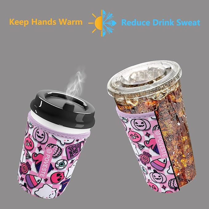 Reusable Neoprene Insulator Sleeve for Iced Coffee & Cold Soda, Coffee Sleeves for Iced & Hot Drinks, Cold Beverage Cooler Compatible with Starbucks, Dunkin (Checkerboard Halloween, Large: 32oz)