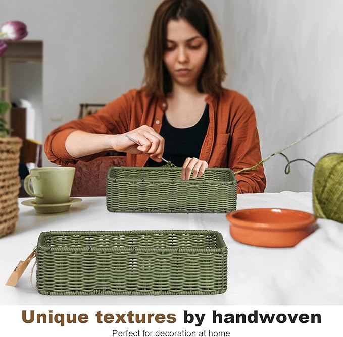 Small Resin Wicker Basket: Waterproof Sage Green Vanity Organizer 2-Pack for Modern Minimalist Decor