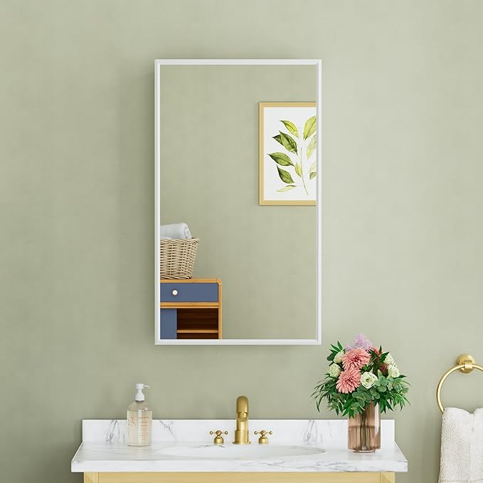 Buruis 14"x 24" Small Framed Medicine Cabinet with Mirror, Compact Recessed or Wall Mounted Bathroom Cabinet, Adjustable Tempered Glass Shelves, Left/Right Open Reversible, No Assembly Required, White