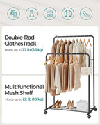 SONGMICS Double Rods Clothes Rack with Wheels, Clothing Rack for Hanging Clothes, Heavy Duty Garment Rack with Mesh Storage Shelf, 2 Brakes, Each Top Rail Holds up to 77 lb, Black UHSR26BKV1